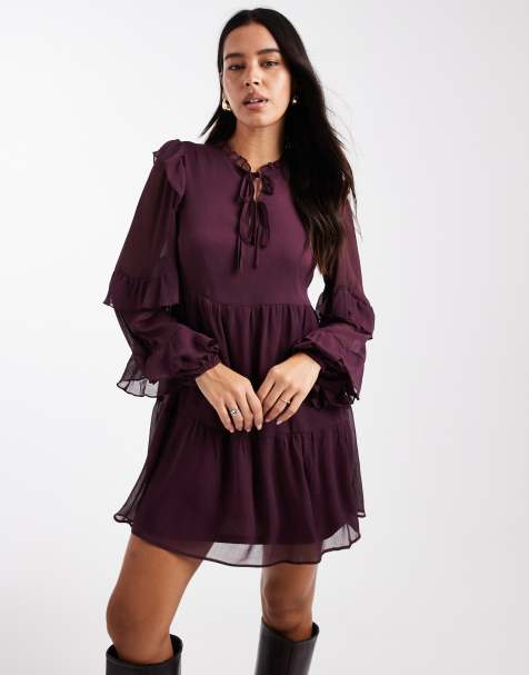 New Look ruffle chiffon long sleeve mini dress in burgundy - view 1