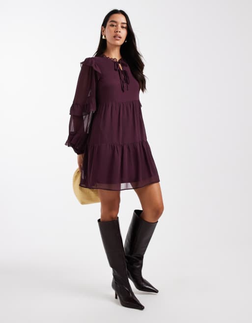 New Look ruffle chiffon long sleeve mini dress in burgundy, 2 of 4