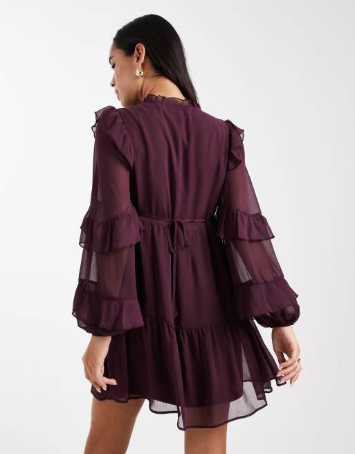New Look ruffle chiffon long sleeve mini dress in burgundy, 3 of 4