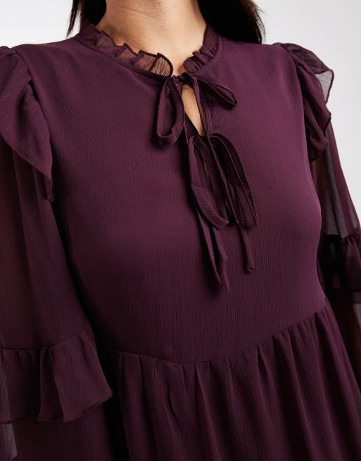 New Look ruffle chiffon long sleeve mini dress in burgundy, 4 of 4