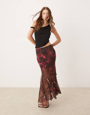 New Look ruffle chiffon midi skirt in brown rose print