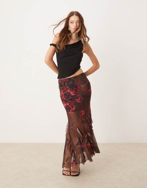 New Look ruffle chiffon midi skirt in brown rose print - view 1
