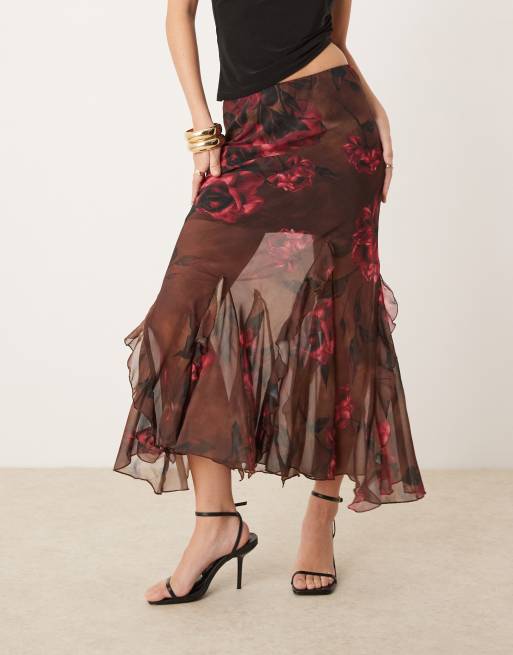 New Look ruffle chiffon midi skirt in brown rose print, 2 of 5