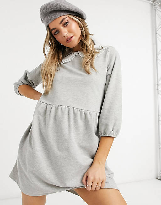 New Look ruffle collar sweatshirt dress in grey