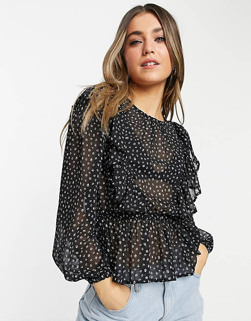 Tops Shirts & Blouses/New Look ruffle detail blouse in black spot 