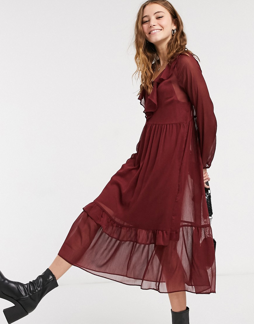 New Look ruffle detail chiffon midi dress in burgundy-Red
