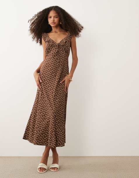 New Look ruffle detail polka dot midi dress in brown - view 1