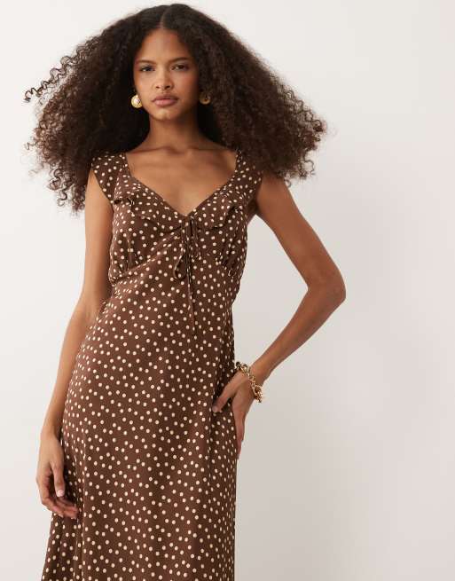 New Look ruffle detail polka dot midi dress in brown, 2 of 4