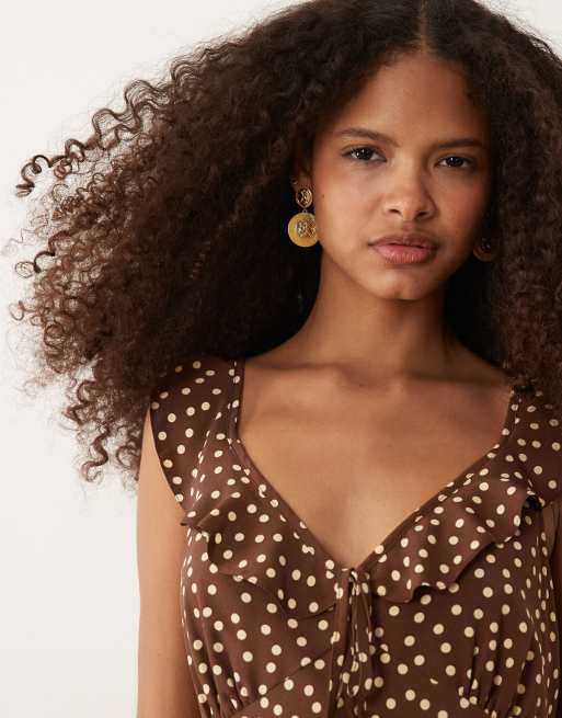 New Look ruffle detail polka dot midi dress in brown, 3 of 4