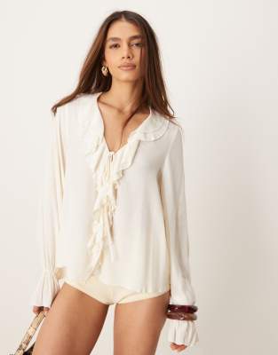 New Look New Look ruffle front blouse in off white