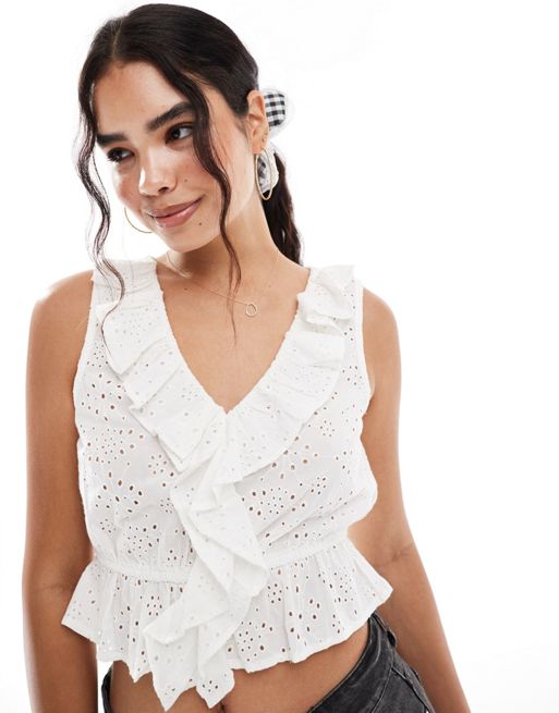 New Look ruffle front broderie top in white