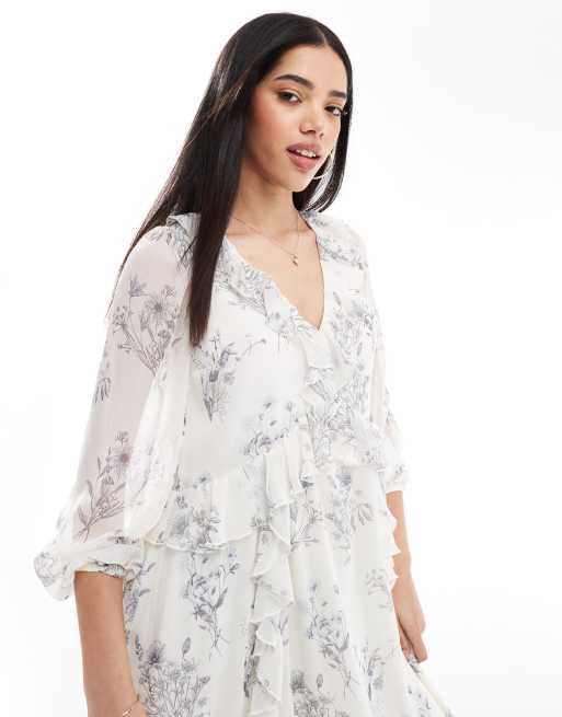 sachin and babi light blue dress New Look ruffle front chiffon maxi dress in cream floral