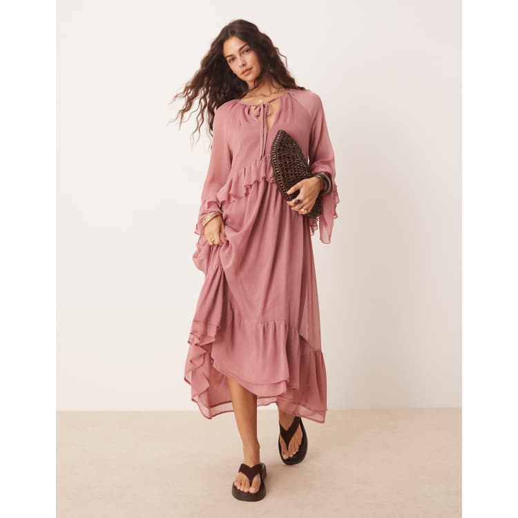 New Look ruffle hem chiffon long sleeve maxi dress in pink ASOS