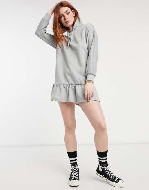 New Look ruffle hem hooded sweat dress in gray heather