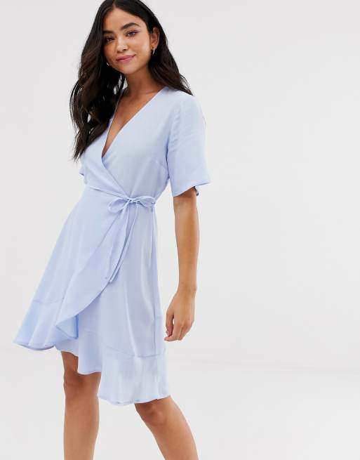 New Look ruffle hem mini wrap dress in light blue | ASOS