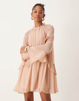 New Look New Look ruffle high neck mini dress in pale pink
