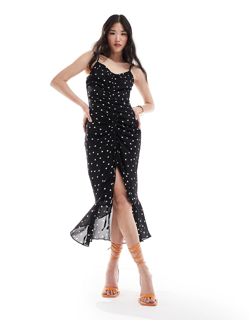 New Look ruffle maxi midi dress in black spot