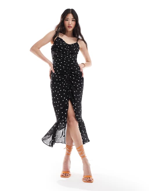  New Look ruffle maxi  midi dress in black spot