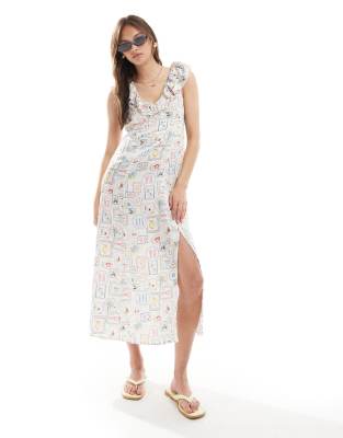 New Look ruffle midi dress in lobster print-Multi