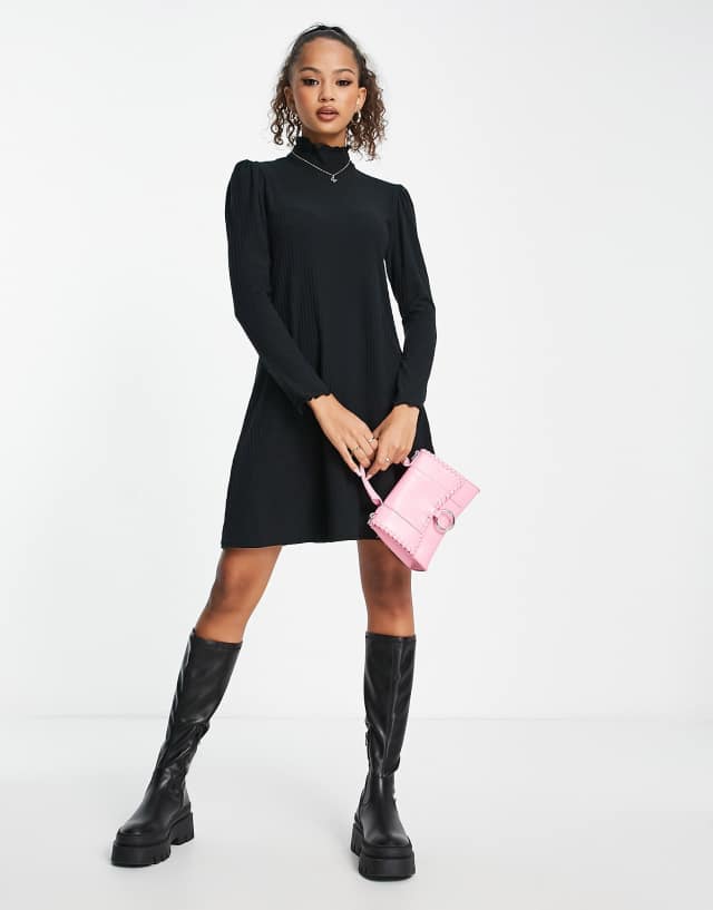 New Look ruffle neck long sleeve mini dress in black