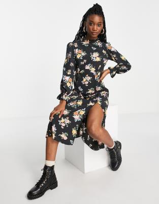 New Look ruffle neck midi dress in black ditsy floral | ASOS