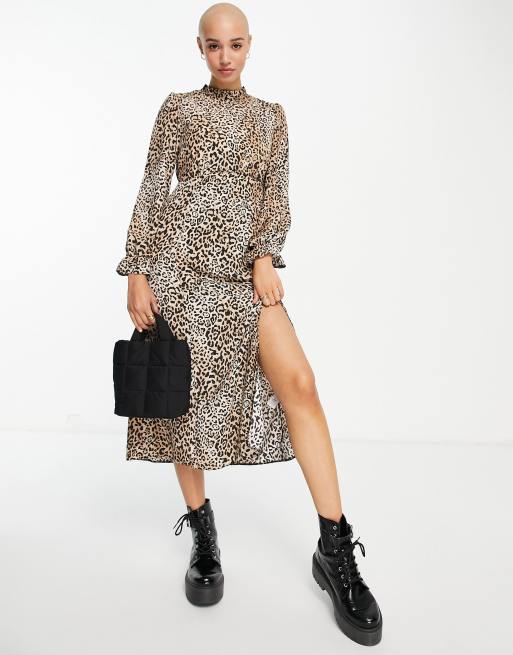 New Look ruffle neck midi dress in brown animal print, 2 of 4