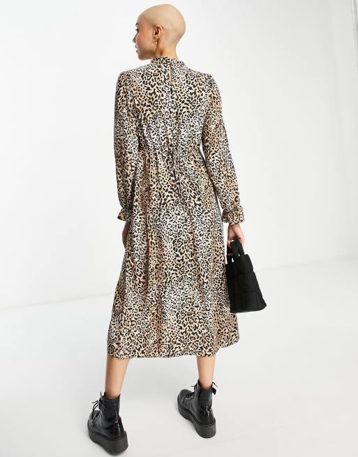 New Look ruffle neck midi dress in brown animal print, 4 of 4