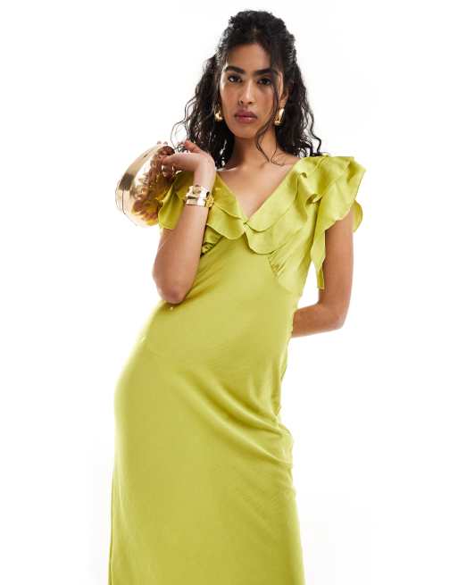 New Look ruffle sleeve midi dress in green ASOS