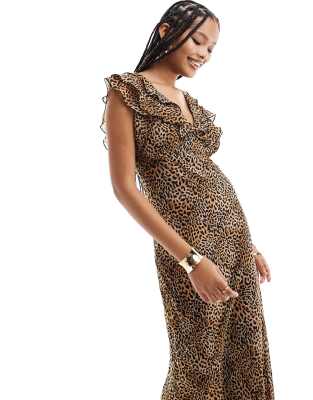 New Look New Look ruffle sleeve midi dress in leopard print-Brown