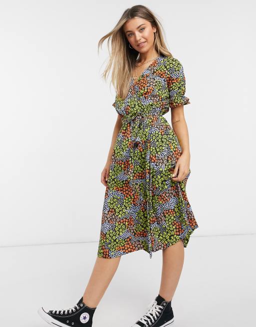 New Look ruffle sleeve midi wrap dress in patchwork floral print | ASOS