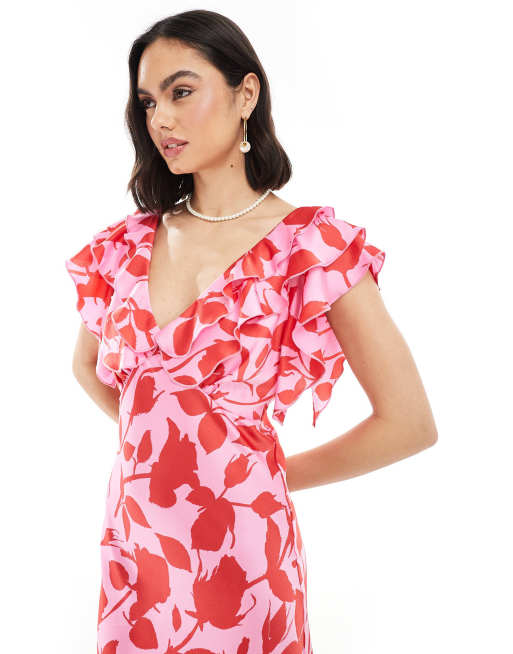 new look ruffle sleeve satin midi dress Black Satin Ruffled Sleeve Midi Dress
