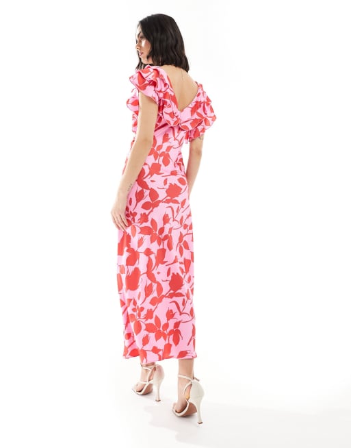 New Look ruffle sleeve satin midi dress in pink pattern, 3 of 4