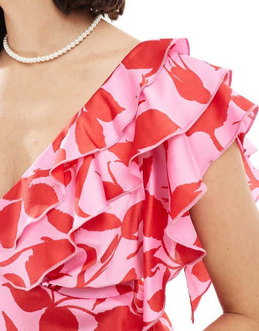 new look ruffle sleeve satin midi dress in pink New Look ruffle sleeve satin midi dress in pink pattern