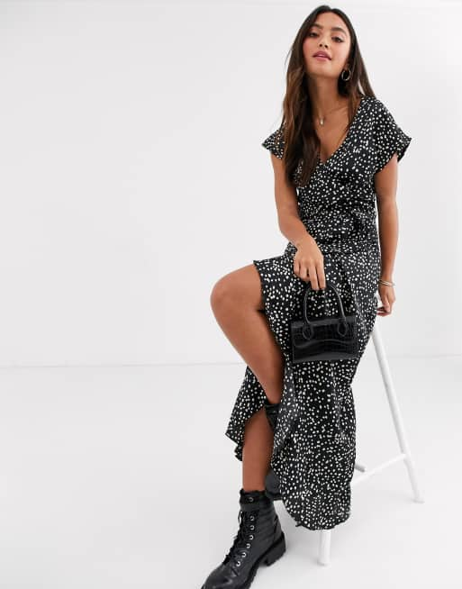 New Look ruffle sleeve wrap dress in polka dot | ASOS