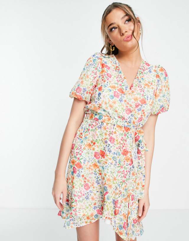 New Look ruffle wrap dress with puff sleeves in floral print