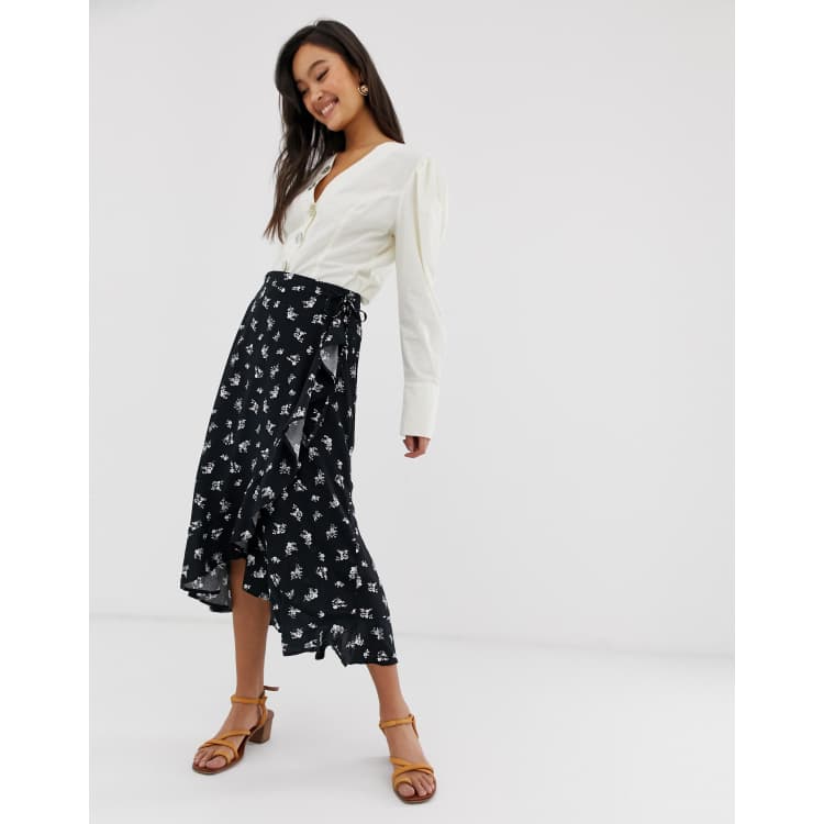 New Look ruffle wrap midi skirt in dark floral print