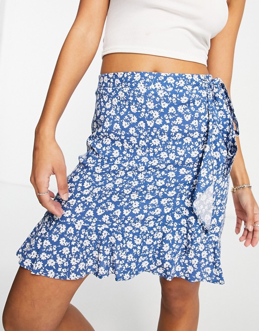 New Look ruffle wrap mini skirt in blue ditsy