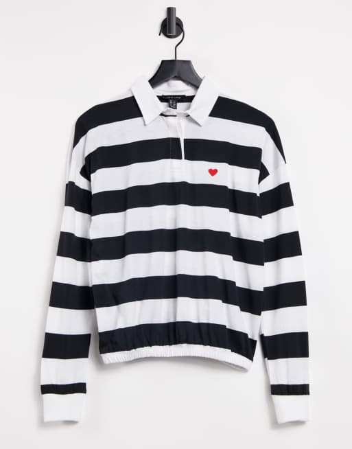 New Look rugby collar tshirt with heart embroidery in black stripe ASOS