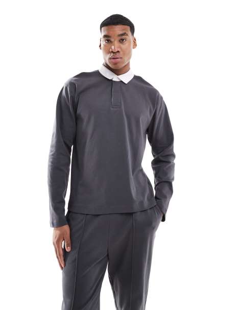 New Look - Rugby poloshirt met lange mouwen in donkergrijs, deel van co-ord set - view 1