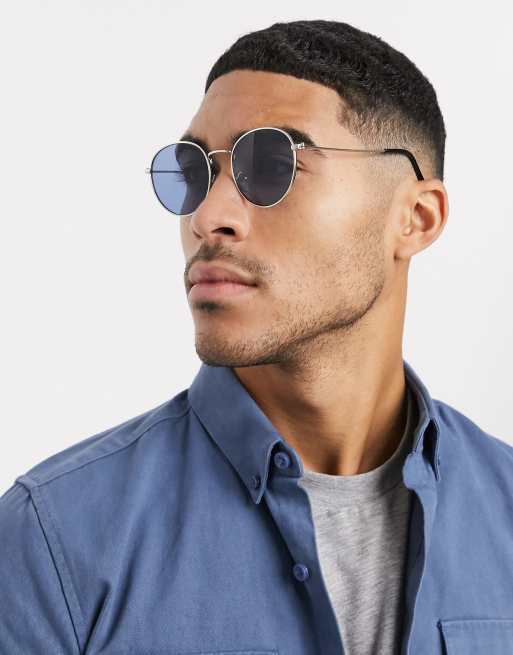 New Look – Runde, silberne Metall-Sonnenbrille mit blauen Gläsern, 3 von 4