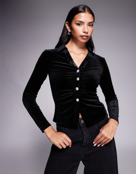 New Look – Samt-Hemdbluse in Schwarz mit Strassknöpfen - view 1