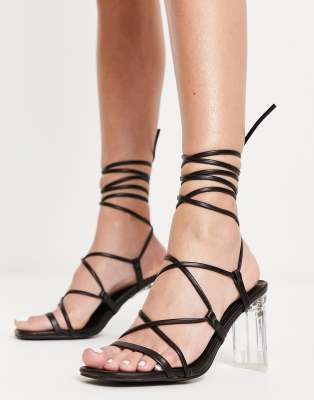 New Look - Sandalen in Schwarz mit Beinschnürung und transparentem Absatz-Black