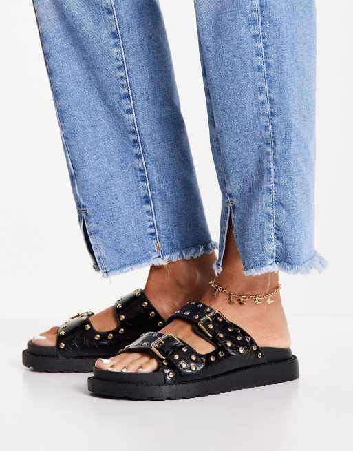 New Look – Sandalen in Schwarz mit zwei Schnallen mit Nietenbesatz