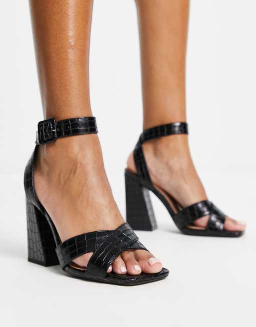 New Look Sandales bout carr avec talon effet croco Noir ASOS