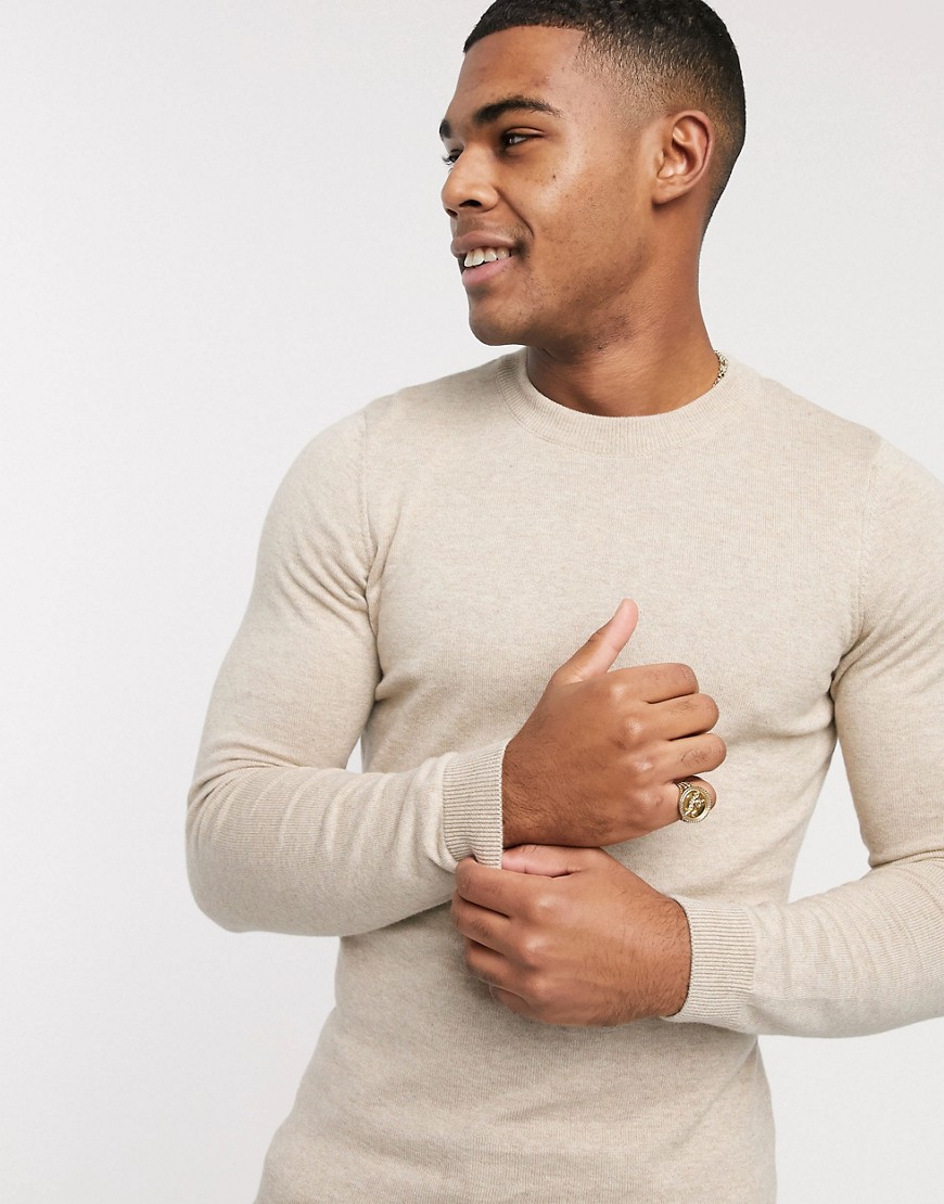 New Look – Sandfärgad tröja i muscle fit-modell med rund halsringning