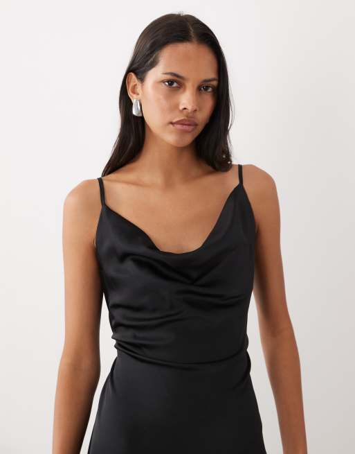 New Look - Satijnen midi jurk met gedrapeerde halslijn in zwart, 3 van 4