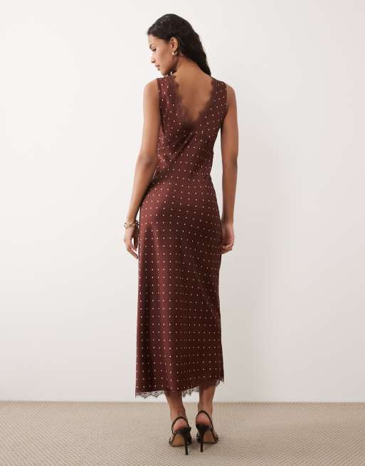 New Look - Satijnen midi jurk van kant met stippen in bruin, 2 van 4
