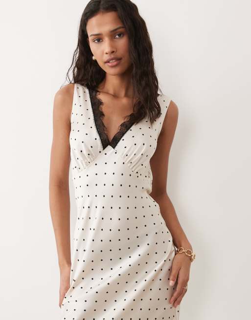 New Look - Satijnen midi jurk van kant met stippen in crème, 3 van 4