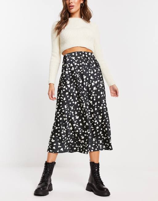 New Look Satijnen midi rok met patroon in zwart