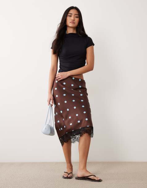 New Look - Satijnen midi rok met stippen en kant in bruin - view 1